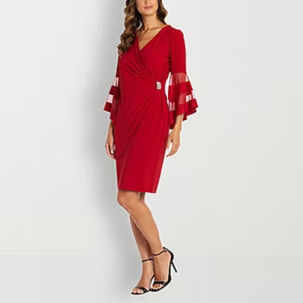 R&M Richards Women's Petite Illusion-Detail Bell-Sleeve Wrap Dress (10)